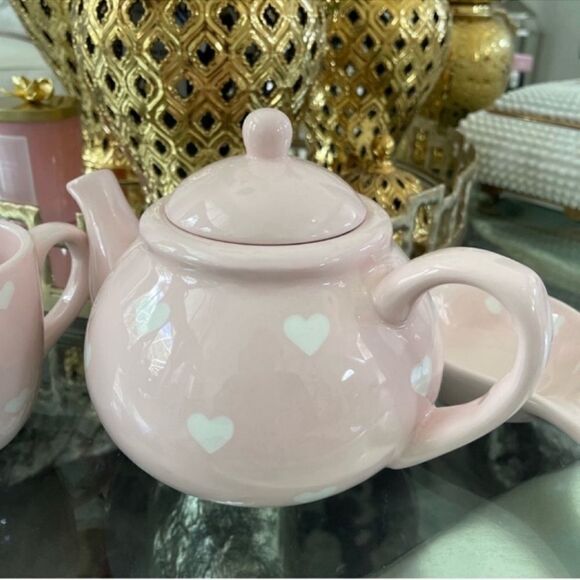 NWT Terramoto Heart Pink Heart Teapot and 1 cup and Spoon Rest - Picture 7 of 12